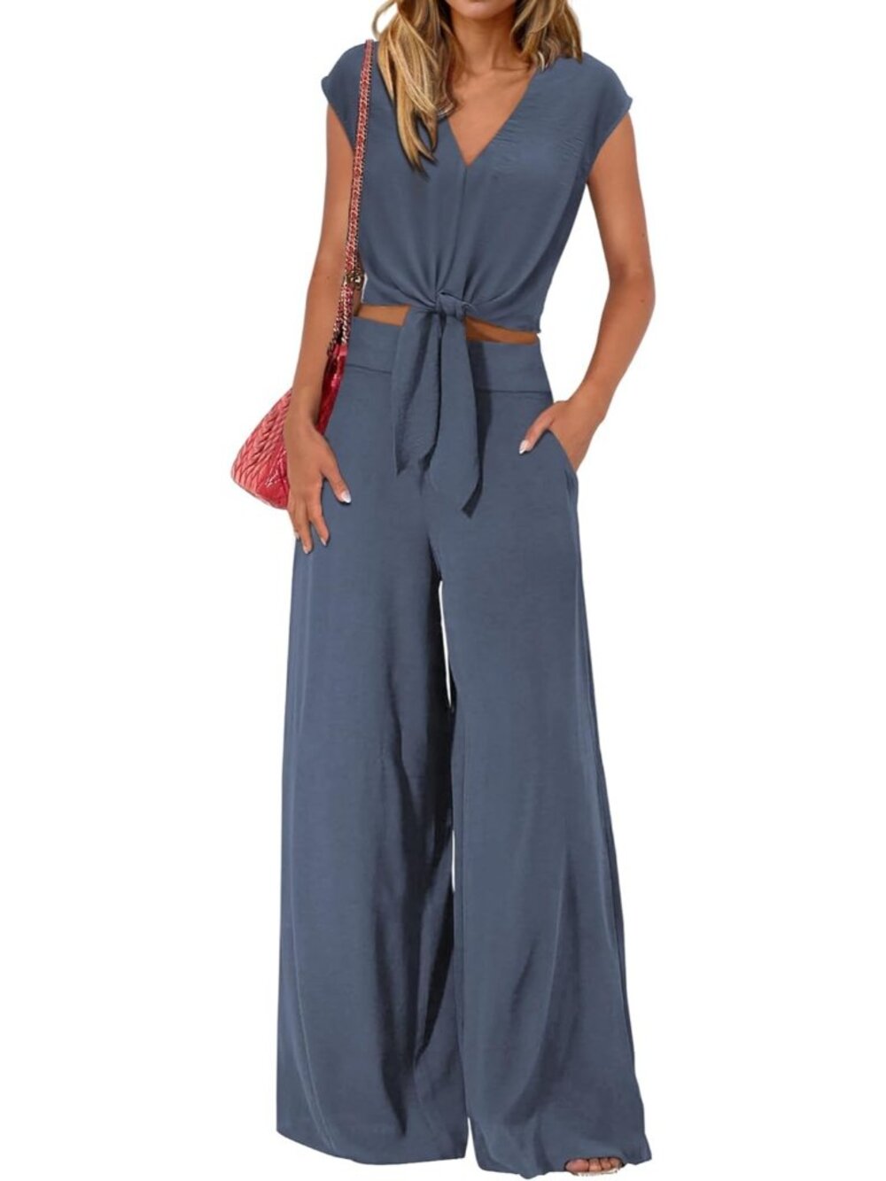 Women's Grey Summer 2 Piece Outfits Cap Sleeve V Neck Belted Crop Tops